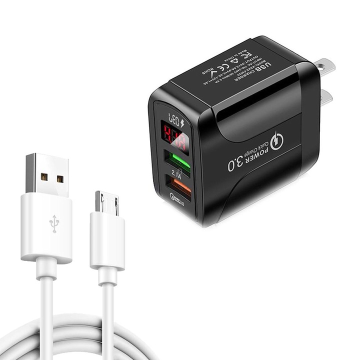 F002C QC3.0 USB + USB 2.0 LED Digital Display Fast Charger with USB to Micro USB Data Cable, US Plug(Black)