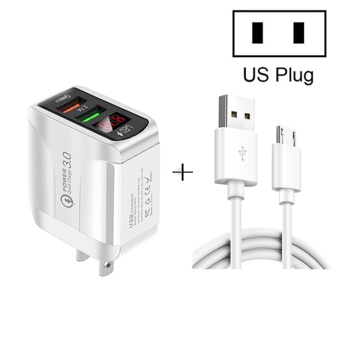 F002C QC3.0 USB + USB 2.0 LED Digital Display Fast Charger with USB to Micro USB Data Cable, US Plug(Black)