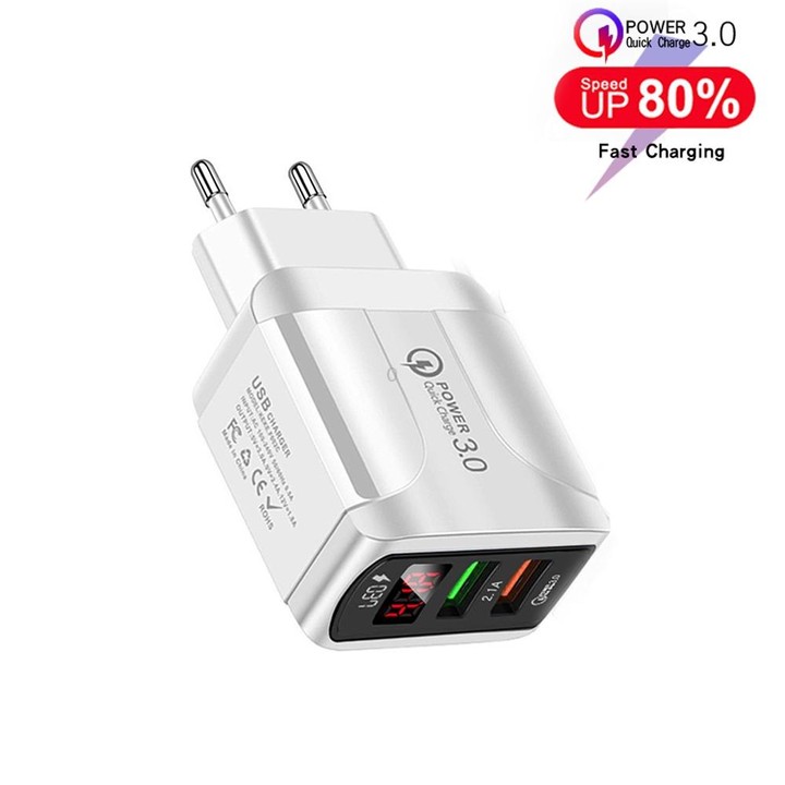 F002C QC3.0 USB + USB 2.0 LED Digital Display Fast Charger with USB to Micro USB Data Cable, EU Plug(White)