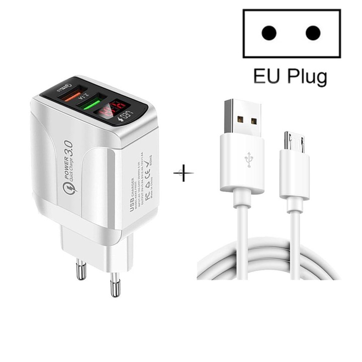 F002C QC3.0 USB + USB 2.0 LED Digital Display Fast Charger with USB to Micro USB Data Cable, EU Plug(Black)