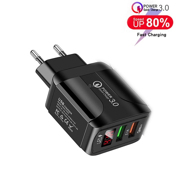 F002C QC3.0 USB + USB 2.0 LED Digital Display Fast Charger with USB to Micro USB Data Cable, EU Plug(Black)
