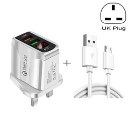 F002C QC3.0 USB + USB 2.0 LED Digital Display Fast Charger with USB to Micro USB Data Cable, UK Plug(White)