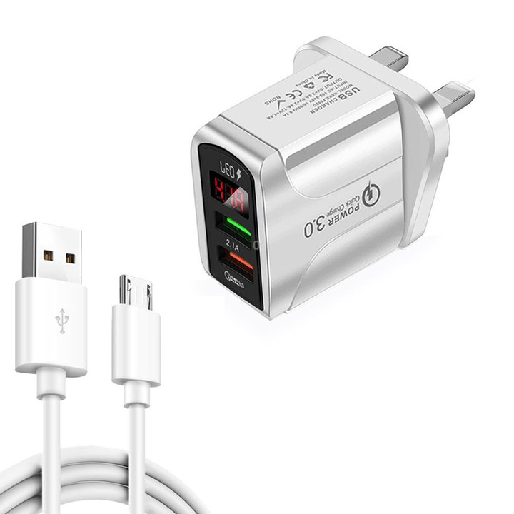 F002C QC3.0 USB + USB 2.0 LED Digital Display Fast Charger with USB to Micro USB Data Cable, UK Plug(White)