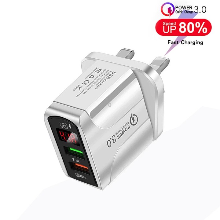 F002C QC3.0 USB + USB 2.0 LED Digital Display Fast Charger with USB to Micro USB Data Cable, UK Plug(White)