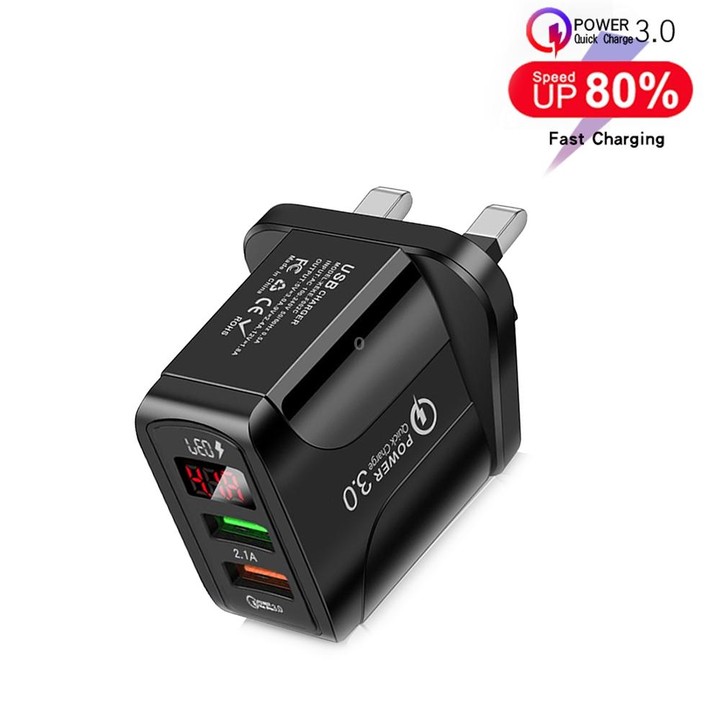 F002C QC3.0 USB + USB 2.0 LED Digital Display Fast Charger with USB to Micro USB Data Cable, UK Plug(Black)