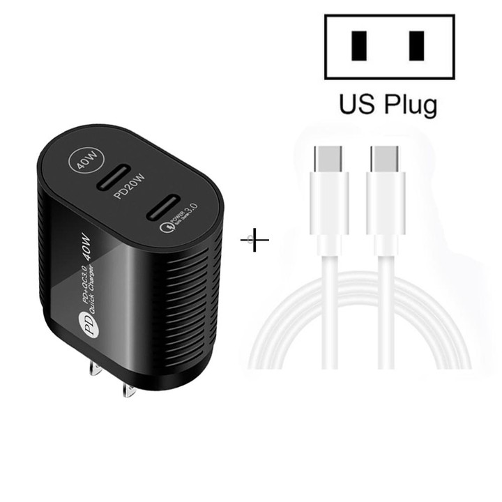 40W Dual Port PD / Type-C Fast Charger with Type-C to Type-C Data Cable, US Plug(White)