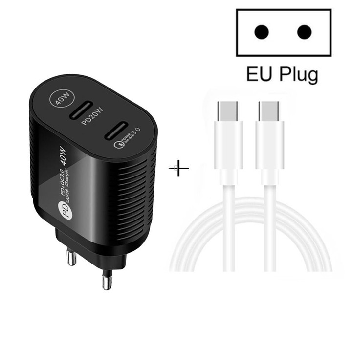 40W Dual Port PD / Type-C Fast Charger with Type-C to Type-C Data Cable, EU Plug(Black)