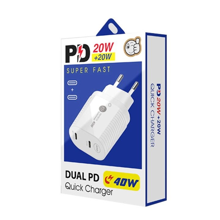 40W Dual Port PD / Type-C Fast Charger with Type-C to Type-C Data Cable, EU Plug(White)