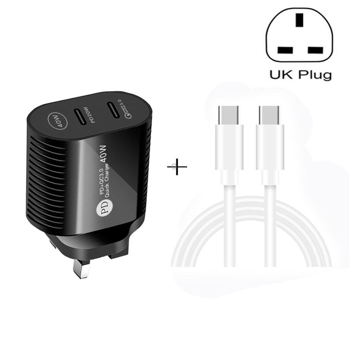 40W Dual Port PD / Type-C Fast Charger with Type-C to Type-C Data Cable, UK Plug(Black)