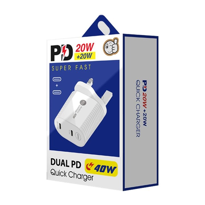 40W Dual Port PD / Type-C Fast Charger with Type-C to Type-C Data Cable, UK Plug(White)