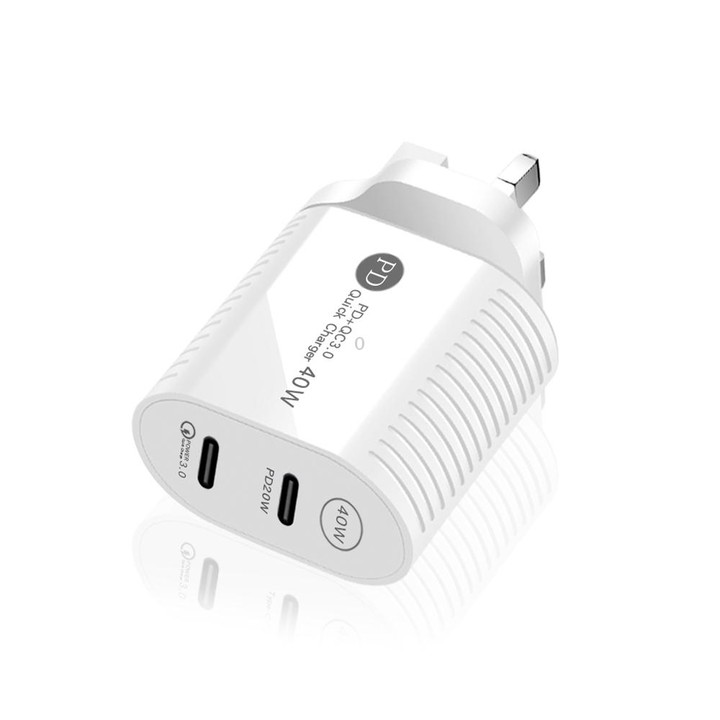 40W Dual Port PD / Type-C Fast Charger with Type-C to Type-C Data Cable, UK Plug(White)