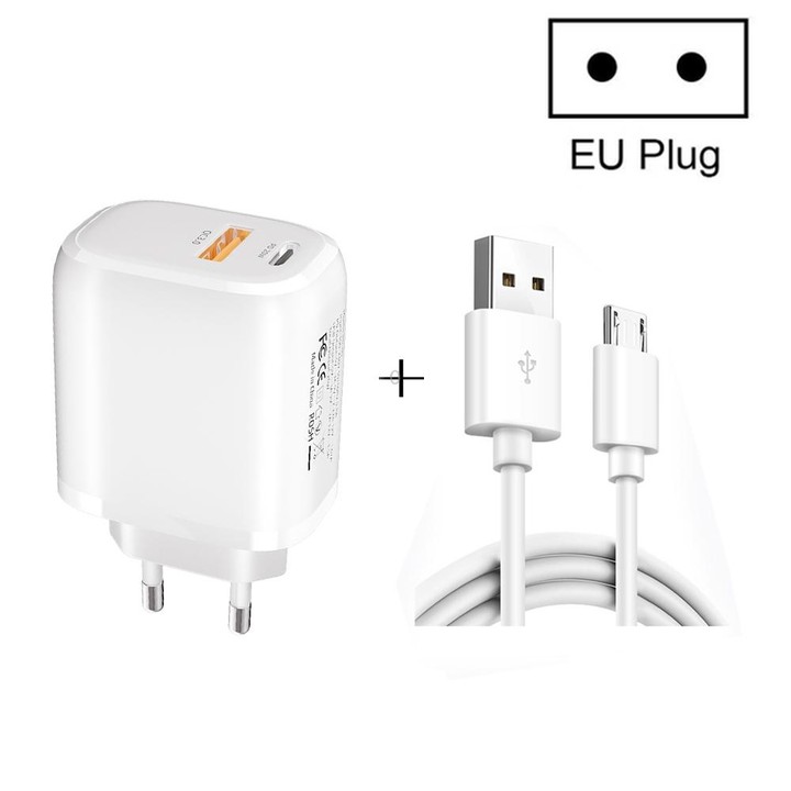 CS-20W Mini Portable PD3.0 + QC3.0 Dual Ports Fast Charger with 3A USB to Micro USB Data Cable(EU Plug)