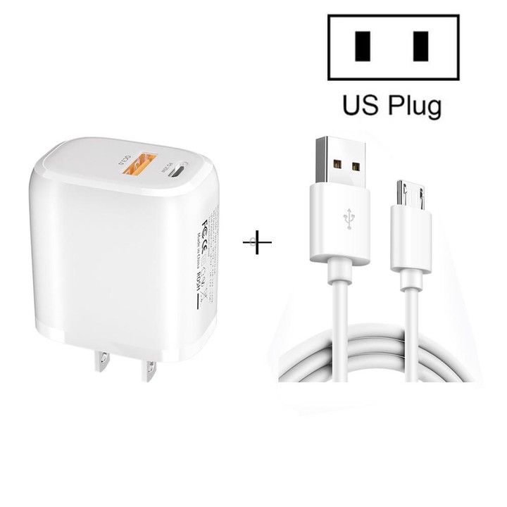 CS-20W Mini Portable PD3.0 + QC3.0 Dual Ports Fast Charger with 3A USB to Micro USB Data Cable(US Plug)