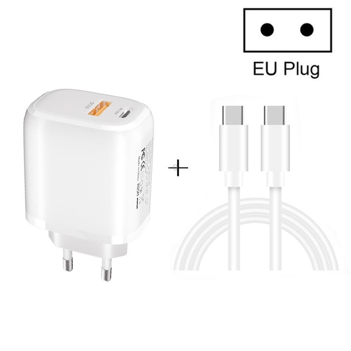 CS-20W Mini Portable PD3.0 + QC3.0 Dual Ports Fast Charger with 3A Type-C to Type-C Data Cable(EU Plug)