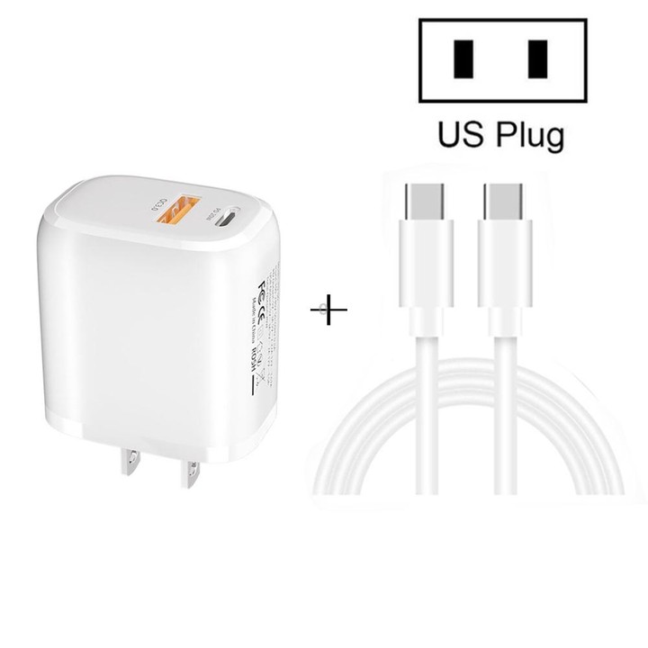 CS-20W Mini Portable PD3.0 + QC3.0 Dual Ports Fast Charger with 3A Type-C to Type-C Data Cable(US Plug)
