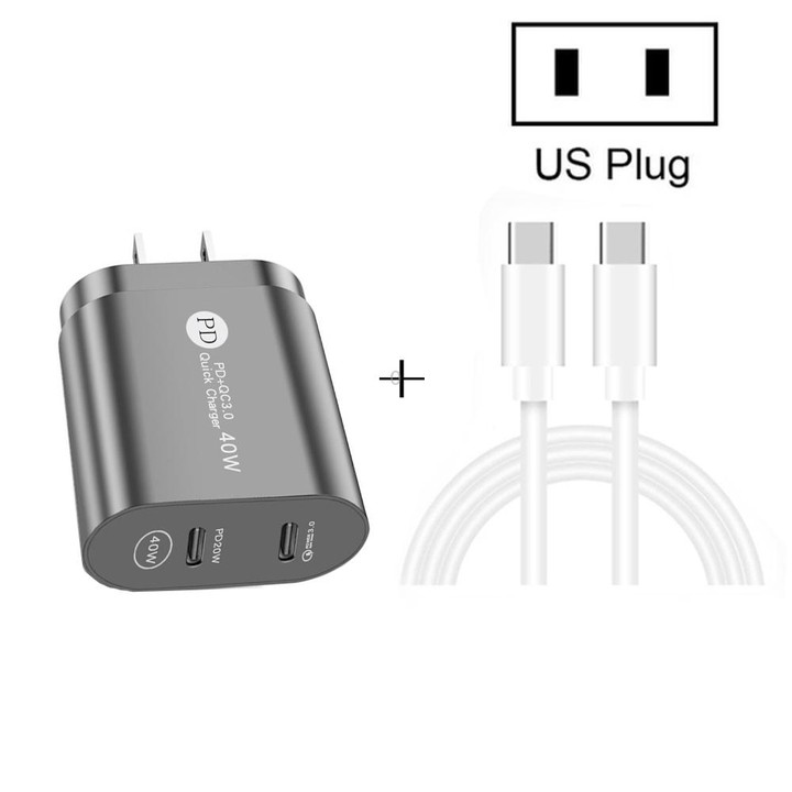 002 40W PD3.0 Dual Port USB-C / Type-C Charger with Type-C to Type-C Data Cable, US Plug(White)
