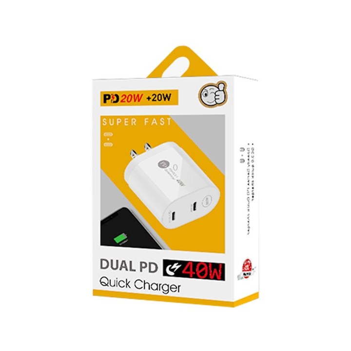002 40W PD3.0 Dual Port USB-C / Type-C Charger with Type-C to Type-C Data Cable, US Plug(White)