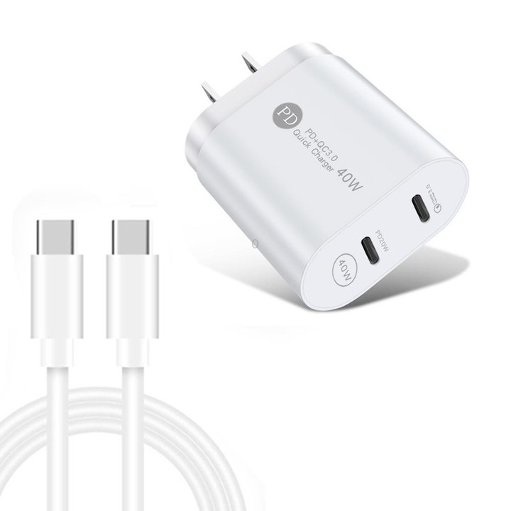 002 40W PD3.0 Dual Port USB-C / Type-C Charger with Type-C to Type-C Data Cable, US Plug(White)