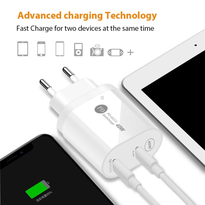 002 40W PD3.0 Dual Port USB-C / Type-C Charger with Type-C to Type-C Data Cable, EU Plug(Black)
