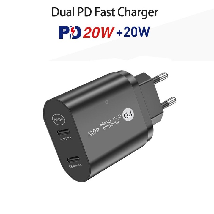 002 40W PD3.0 Dual Port USB-C / Type-C Charger with Type-C to Type-C Data Cable, EU Plug(Black)