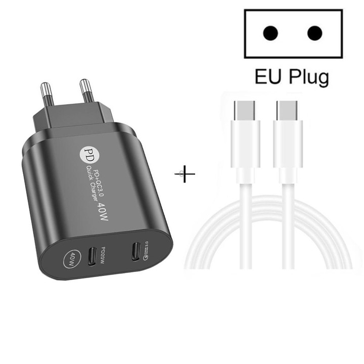 002 40W PD3.0 Dual Port USB-C / Type-C Charger with Type-C to Type-C Data Cable, EU Plug(Black)