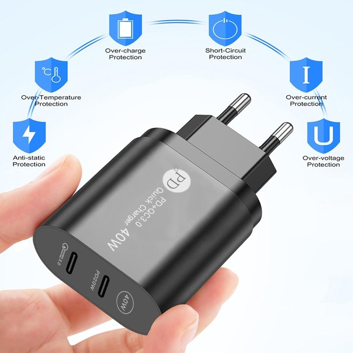 002 40W PD3.0 Dual Port USB-C / Type-C Charger with Type-C to Type-C Data Cable, EU Plug(Black)