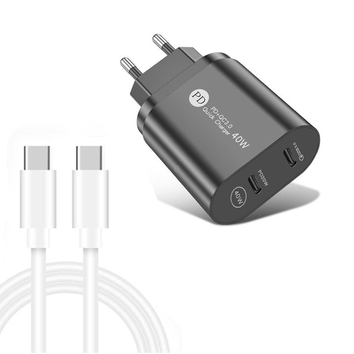 002 40W PD3.0 Dual Port USB-C / Type-C Charger with Type-C to Type-C Data Cable, EU Plug(Black)