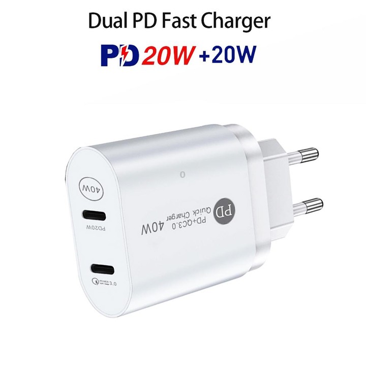 002 40W PD3.0 Dual Port USB-C / Type-C Charger with Type-C to Type-C Data Cable, EU Plug(White)