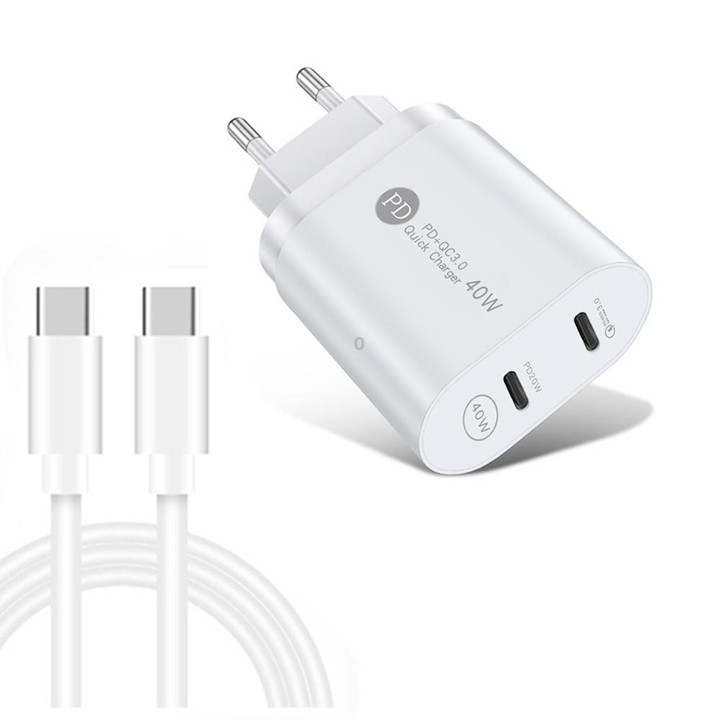 002 40W PD3.0 Dual Port USB-C / Type-C Charger with Type-C to Type-C Data Cable, EU Plug(White)