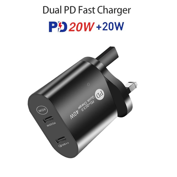 002 40W PD3.0 Dual Port USB-C / Type-C Charger with Type-C to Type-C Data Cable, UK Plug(Black)
