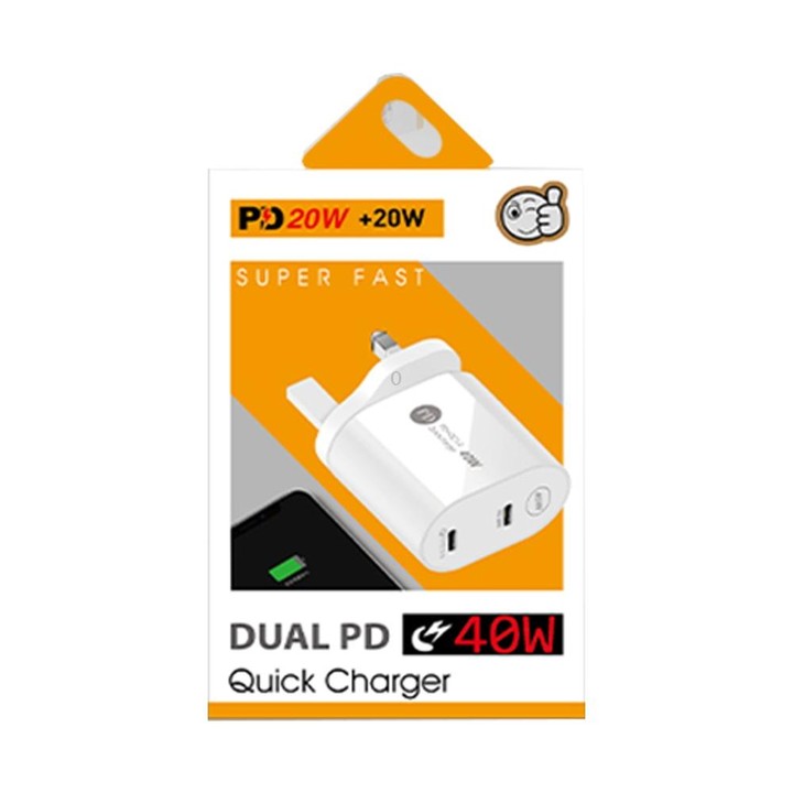 002 40W PD3.0 Dual Port USB-C / Type-C Charger with Type-C to Type-C Data Cable, UK Plug(Black)