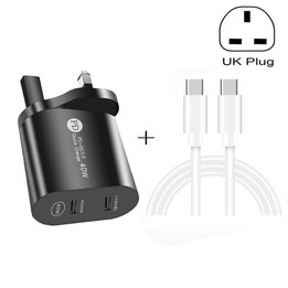 002 40W PD3.0 Dual Port USB-C / Type-C Charger with Type-C to Type-C Data Cable, UK Plug(Black)