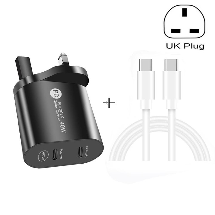 002 40W PD3.0 Dual Port USB-C / Type-C Charger with Type-C to Type-C Data Cable, UK Plug(Black)