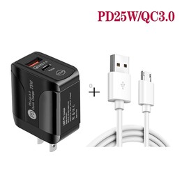 PD25W USB-C / Type-C + QC3.0 Dual Ports Fast Charger with USB to Micro USB Data Cable, US Plug(White)