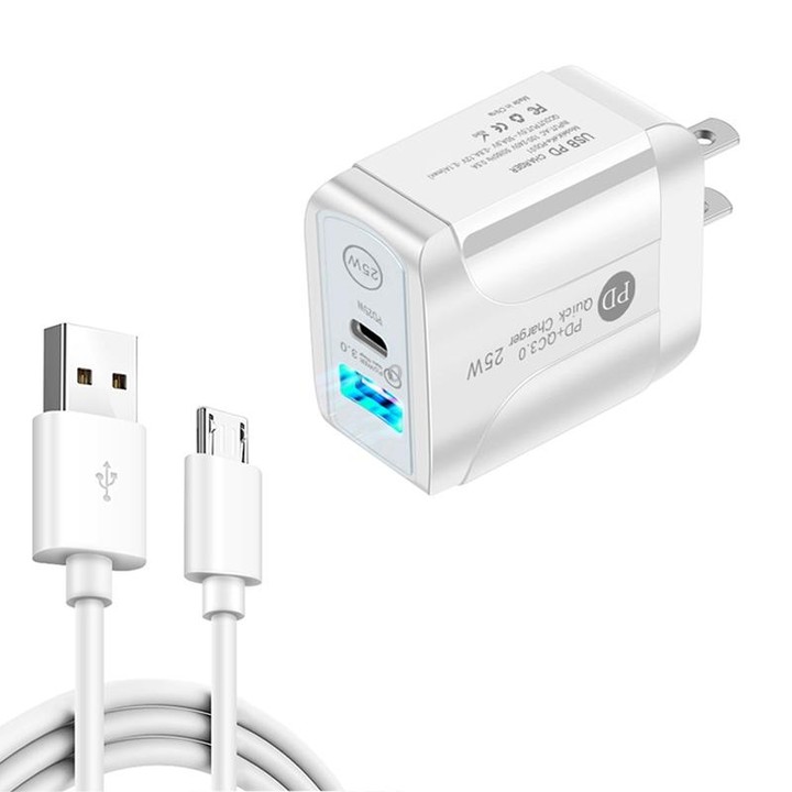 PD25W USB-C / Type-C + QC3.0 Dual Ports Fast Charger with USB to Micro USB Data Cable, US Plug(White)