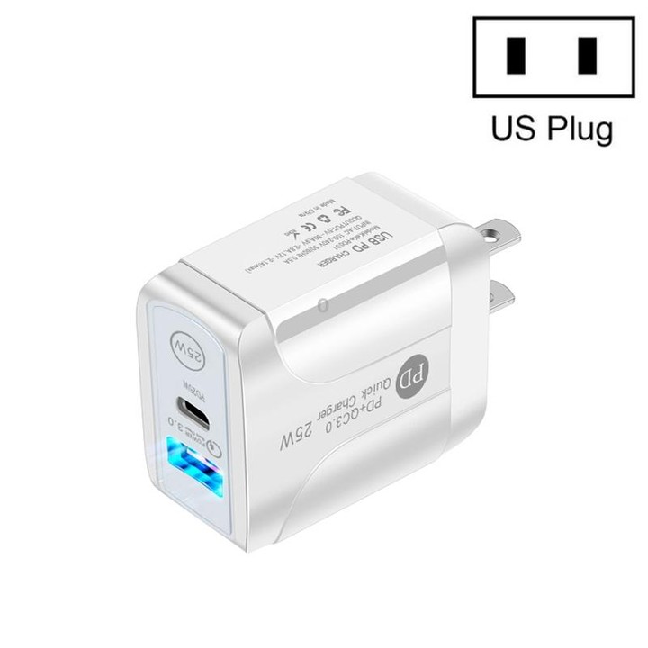 PD25W USB-C / Type-C + QC3.0 Dual Ports Fast Charger with USB to Micro USB Data Cable, US Plug(White)