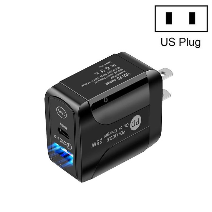 PD25W USB-C / Type-C + QC3.0 Dual Ports Fast Charger with USB to Micro USB Data Cable, US Plug(Black)