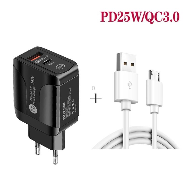 PD25W USB-C / Type-C + QC3.0 USB Dual Ports Fast Charger with USB to Micro USB Data Cable, EU Plug(Black)