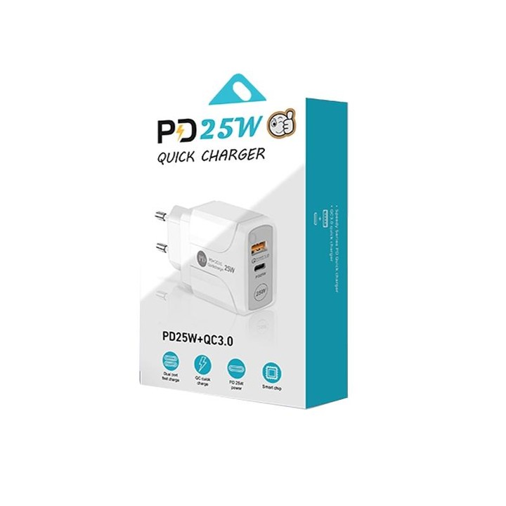 PD25W USB-C / Type-C + QC3.0 USB Dual Ports Fast Charger with USB to Micro USB Data Cable, EU Plug(Black)