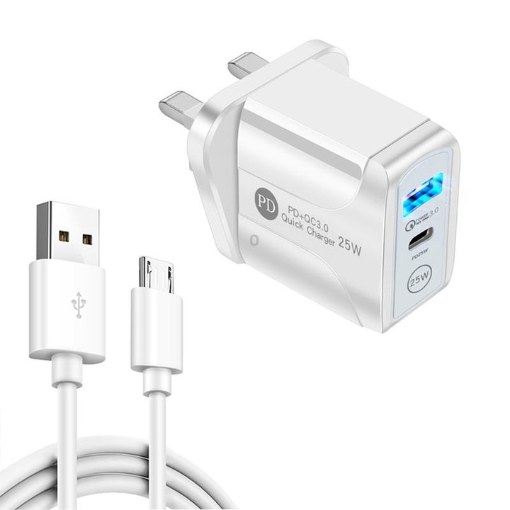 PD25W USB-C / Type-C + QC3.0 USB Dual Ports Fast Charger with USB to Micro USB Data Cable, UK Plug(White)