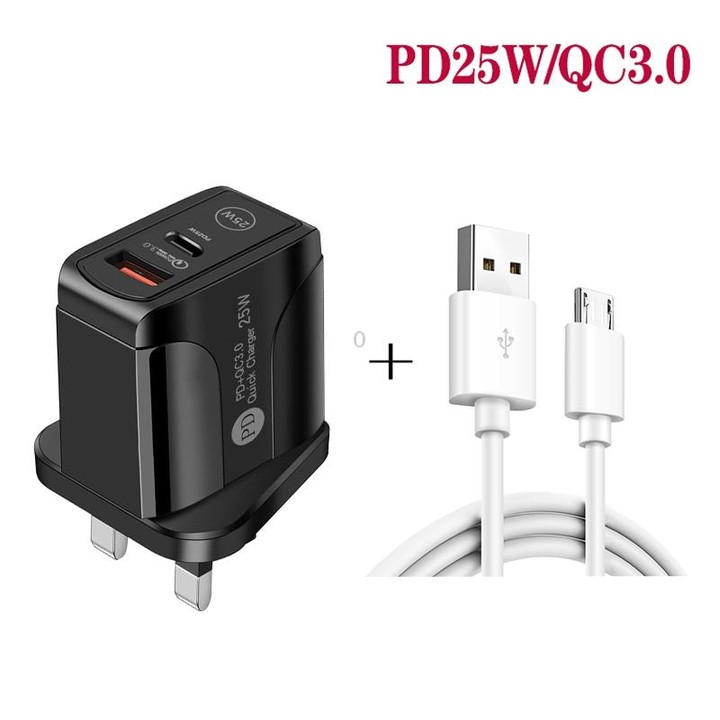 PD25W USB-C / Type-C + QC3.0 USB Dual Ports Fast Charger with USB to Micro USB Data Cable, UK Plug(Black)