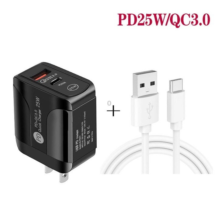 PD25W USB-C / Type-C + QC3.0 USB Dual Ports Fast Charger with USB to Type-C Data Cable, US Plug(Black)