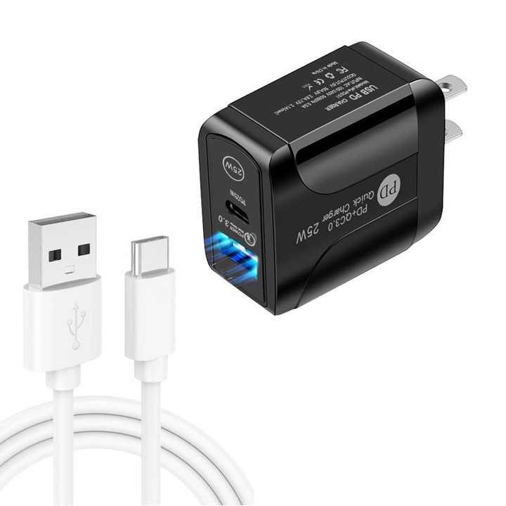 PD25W USB-C / Type-C + QC3.0 USB Dual Ports Fast Charger with USB to Type-C Data Cable, US Plug(Black)