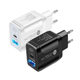 PD25W USB-C / Type-C + QC3.0 USB Dual Ports Fast Charger with USB to Type-C Data Cable, EU Plug(White)