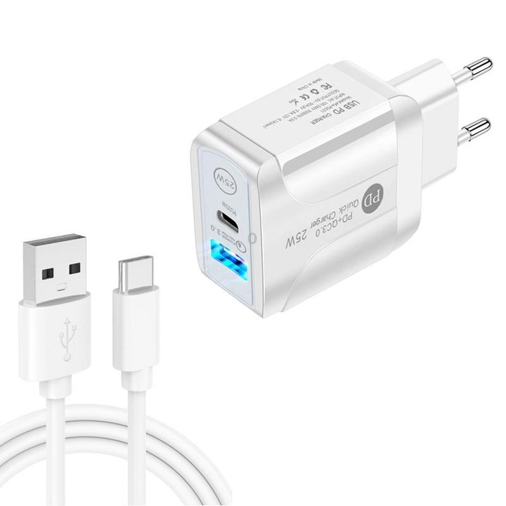 PD25W USB-C / Type-C + QC3.0 USB Dual Ports Fast Charger with USB to Type-C Data Cable, EU Plug(White)