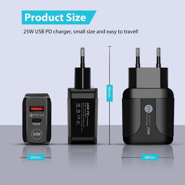 PD25W USB-C / Type-C + QC3.0 USB Dual Ports Fast Charger with USB to Type-C Data Cable, EU Plug(White)