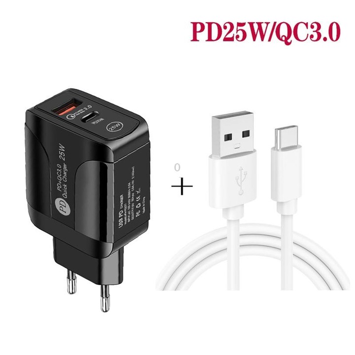 PD25W USB-C / Type-C + QC3.0 USB Dual Ports Fast Charger with USB to Type-C Data Cable, EU Plug(Black)