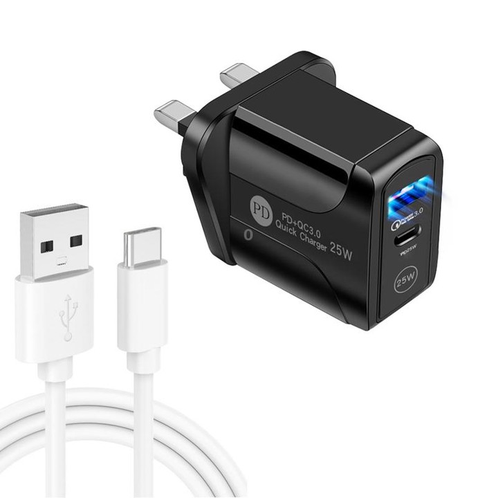 PD25W USB-C / Type-C + QC3.0 USB Dual Ports Fast Charger with USB to Type-C Data Cable, UK Plug(Black)