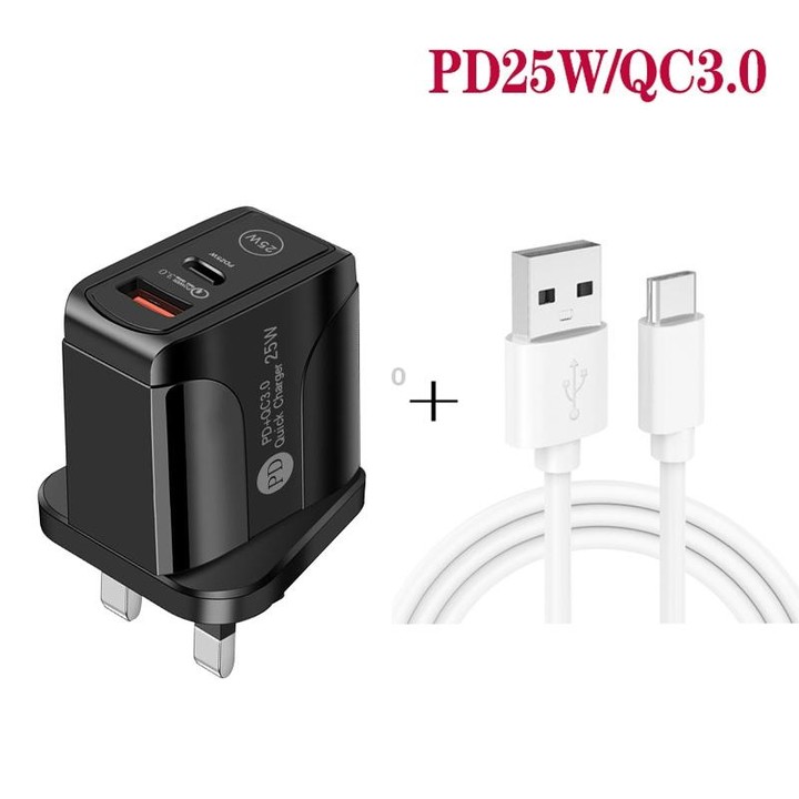 PD25W USB-C / Type-C + QC3.0 USB Dual Ports Fast Charger with USB to Type-C Data Cable, UK Plug(Black)