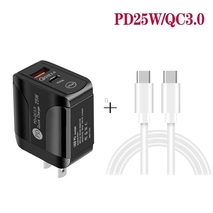 PD25W USB-C / Type-C + QC3.0 USB Dual Ports Fast Charger with USB-C to USB-C Data Cable, US Plug(White)